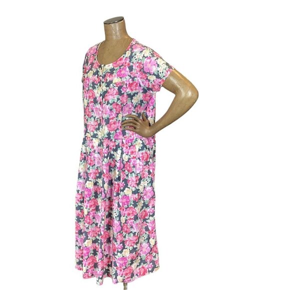 VTG Chandni Shift/Shirt Midi Dress Sz L 100% Cotton Pink Floral Pockets 262F - Picture 4 of 7